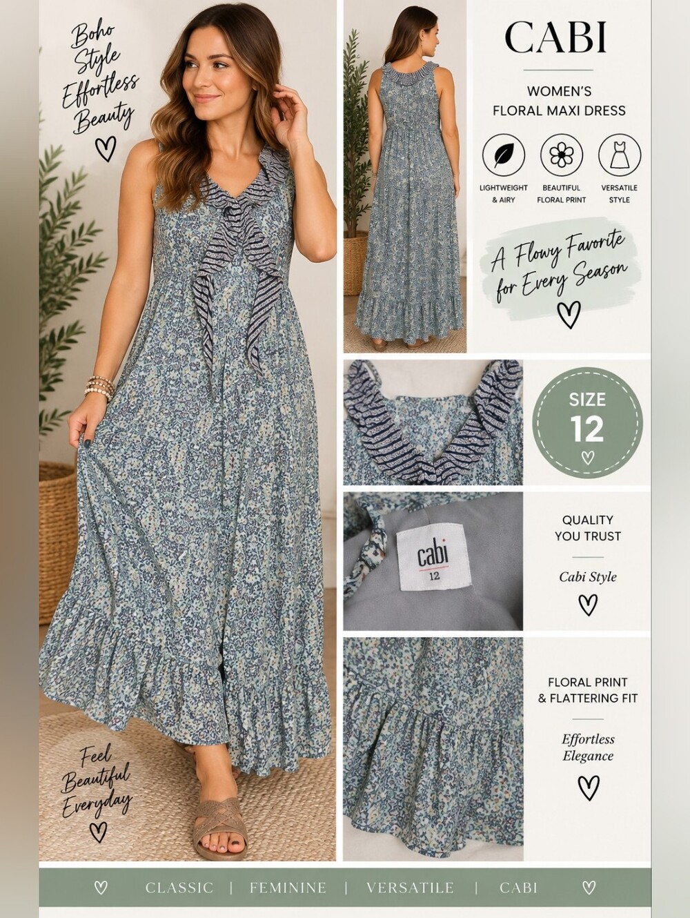 Cabi women's size 12 green floral maxi dress #30